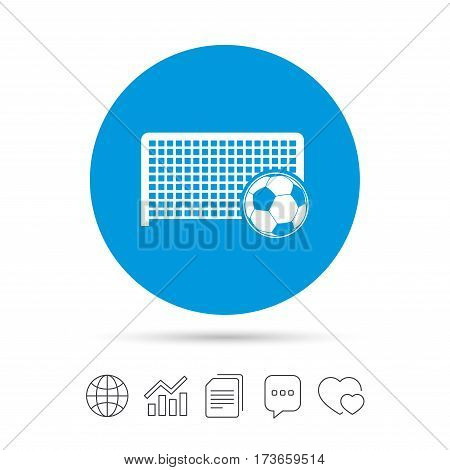 Football gate and ball sign icon. Soccer Sport goalkeeper symbol. Copy files, chat speech bubble and chart web icons. Vector