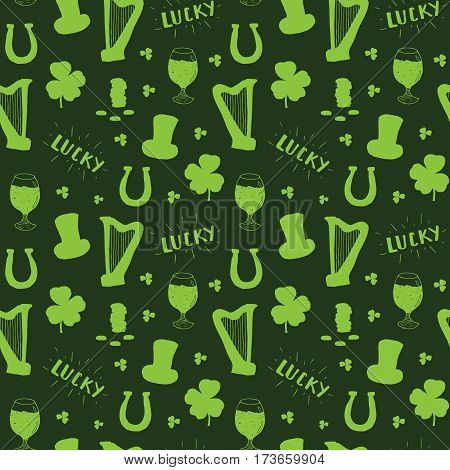 St Patrick's Day hand drawn seamless pattern with leprechaun hat coins beer cup four leaf clover horseshoe and celtic harp vector illustration.