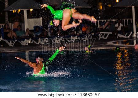 Cayo Coco island, Memories Caribe resort, Cuba, July 3, 2016, stunning gorgeous, amazing performance of hotel entertainment team at night spectacular water show