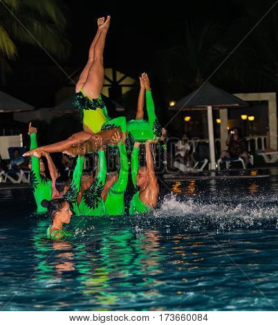 Cayo Coco island, Memories Caribe resort, Cuba, July 3, 2016, nice amazing, gorgeous view of live performance by hotel entertainment team at night water show