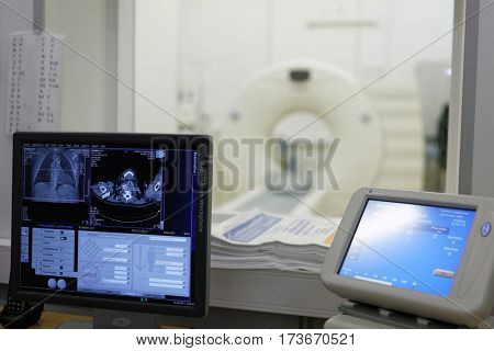 ST. PETERSBURG, RUSSIA - FEBRUARY 16, 2017: Equipment for medical tomography in the St. Magdalena children's hospital. The hospital was founded in 1829