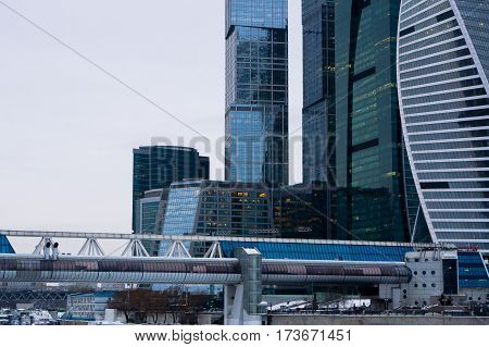 Moscow, Russia - January 19, 2017: Commerce and pedestrian bridge Bagration and the Moscow international business center Moscow-City