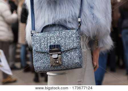 MILAN ITALY - FEBRUARY 23: Detail of bag outside Genny fashion show during Milan Women's Fashion Week on FEBRUARY 23 2017 in Milan.