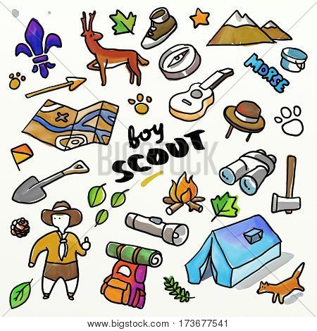 Boyscout set. Watercolor drawing sketch illustration
