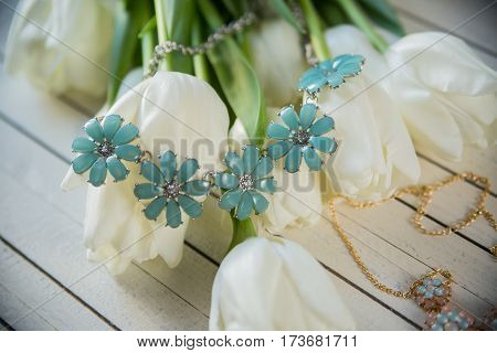 beautiful women's accessories on wooden background for shop or site