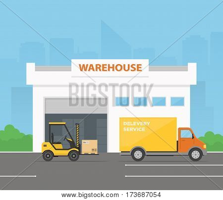 Forklift is loading cargo from warehouse to truck. Delivery service. Logistics center. Vector illustration in flat style.