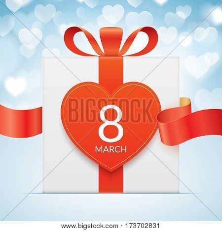 8 march greeting card template, with white gift box, golden elements and red waving ribbon. International womens day greeting car design.