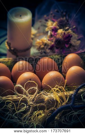 Easter Composition Easter Eggs Candle Mystical Light