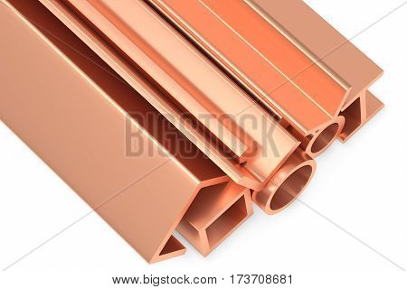 Shiny Rolled Copper Metal Products On White Closeup