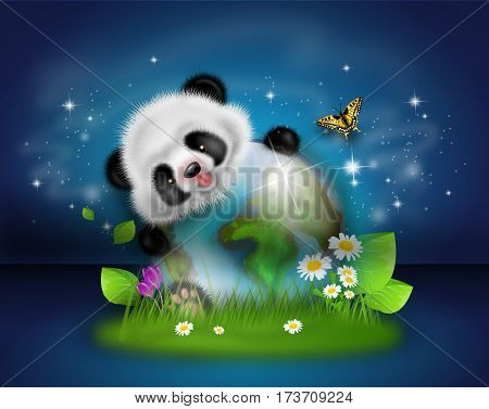 Illustration of cute panda with earth globe decorated with grass and flowers on dark blue starry background