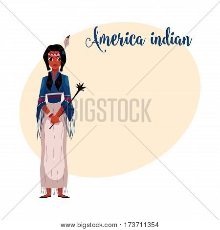 Native American Indian woman in traditional national tribal fringed shirt and long skirt, cartoon vector illustration with place for text. Native American, Indian woman in national clothes