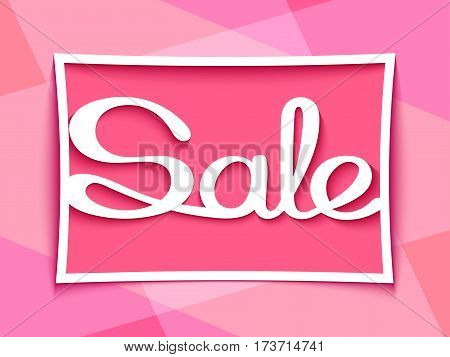 Sale banner with calligraphic inscription on pink background. Vector illustration made in paper cut out style.