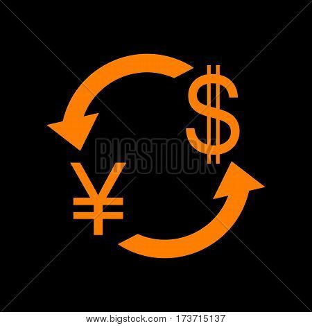 Currency exchange sign. Japan Yen and US Dollar. Orange icon on black background. Old phosphor monitor. CRT.