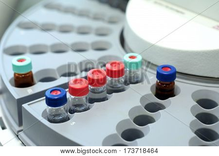 Quality Control Laboratory Medicine. Chromatograph Operation. Bottles Check On The Quality Of The Su