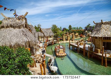 PORT AVENTURA/ SPAIN - MAY 11, 2015. Interactive water attraction Angkor - an imitation of a Cambodian fishing village. Theme Park Port Aventura, Salou, Spain