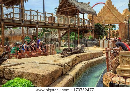 PORT AVENTURA/ SPAIN - MAY 11, 2015. Water guns battle. Interactive water attraction Angkor in theme Park Port Aventura. City of Salou, Spain