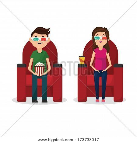Flat boy and girl sitting in cinema watching 3D movie in glasses