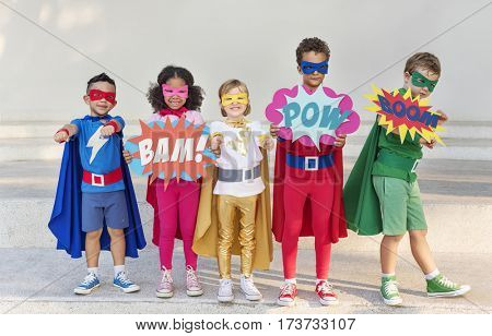 Superheroes Cheerful Kids Expressing Positivity Concept