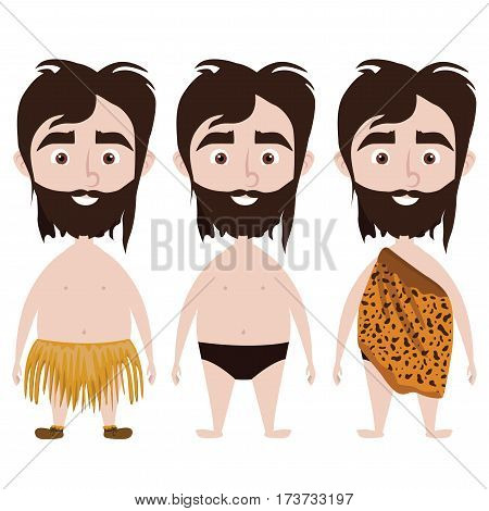 Caveman in three different dresses: jaguar skin straw skirt