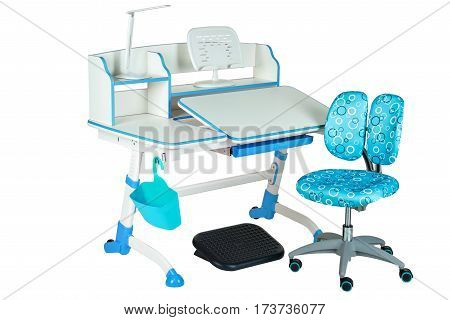 Blue chair school table blue basket desk lamp and black support under legs on the white isolated background.