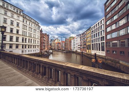 Typical view of the Speicherstadt, also called Hafen City, in Hamburg. Its a popular harbour quarter for tourists in Hamburg.