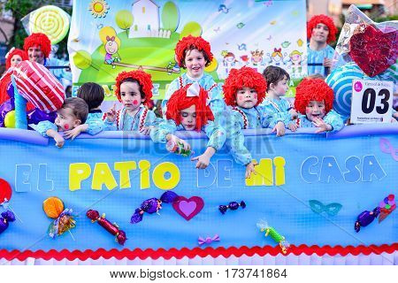 Badajoz, Spain, Sunday. February.26. 2017 Participants In Colorful Costumes Take Part In The Carniva