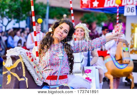 Badajoz, Spain, Sunday. February.26. 2017 Participants In Colorful Costumes Take Part In The Carniva