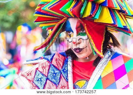 Badajoz, Spain, Sunday. February.26. 2017 Participants In Colorful Costumes Take Part In The Carniva