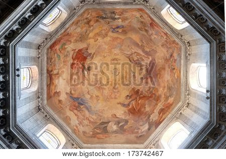 ROME, ITALY - SEPTEMBER 02: The fresco Our Lady in Glory by Raffaele Vanni in cupola of Church of Santa Maria del Popolo, Rome, Italy on September 02, 2016.