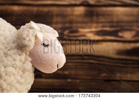 the toy of white lamb face on wood