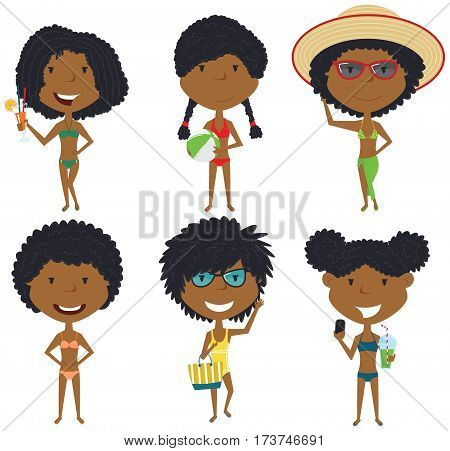 Beach female characters vector illustration. African-American summer girls standing with refreshing drinks ball with beach bag make a selfie. Vector flat style kids isolated in white background.