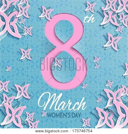 Vector illustration of International womens day 8 March greeting card with floral and butterfly pattern pink design blue background with ornament. Caption 8th march women's day layers are isolated