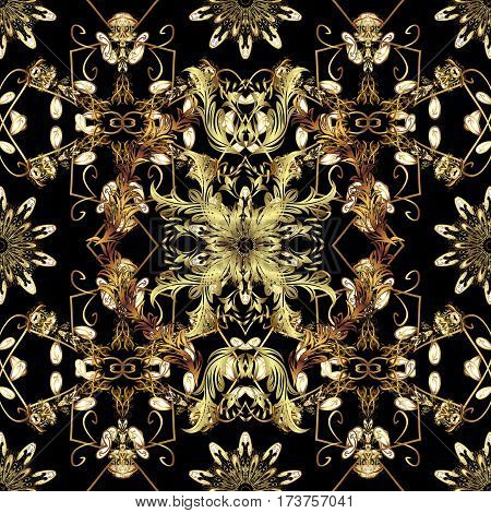 Snowflake Christmas New Year. Golden Seamless Sketch Raster Background. Vintage Pattern. Luxury Back