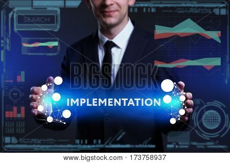 Business, Technology, Internet And Network Concept. Young Businessman Working On A Virtual Screen Of