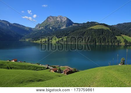 Green meadow lake and mountains. Summer scene at lake Wagital.