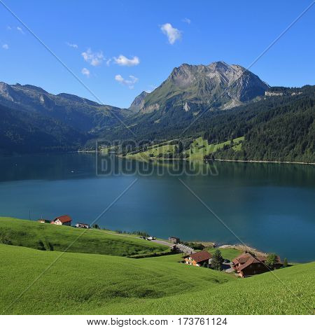 Summer day at lake Wagital. Green meadow blue lake Wagital and mount Fluebrig.