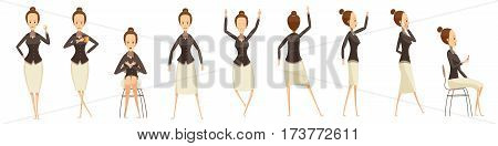 Set of various poses of business woman with emotions on face cartoon style isolated vector illustration