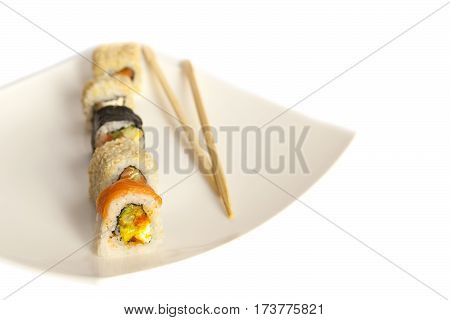 Set Japanese rolls with different fish fillings