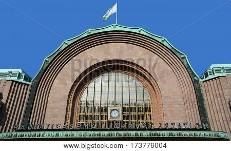 HELSINKI FINLAND SEPTEMBER 25 2015: Helsinki Central railway station is a widely recognised landmark in Kluuvi, Helsinki, Finland, and the focal point of public transport in the Greater Helsinki area.