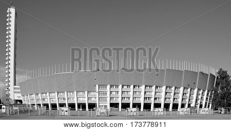 HELSINKI FINLAND SEPTEMBER 25 2015: Olympiastadion (Olimpic stadium) and tower, located in the Toolo district the largest stadium in the country centre of activities in the 1952 Summer Olympics