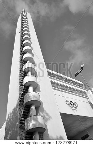 HELSINKI FINLAND SEPTEMBER 25 2015: Olympiastadion (Olimpic stadium) and tower, located in the Toolo district the largest stadium in the country centre of activities in the 1952 Summer Olympics