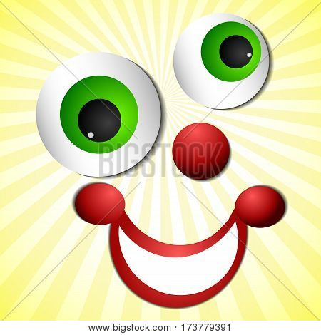 Postcard on 1 April Fool's day. Smiling face of joker on light striped yellow background. Vector illustration