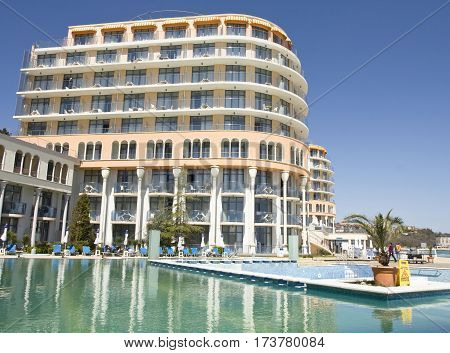 SAINT CONSTANTINE AND HELENA BULGARIA - APRIL 10 2015: hotel Azalia . Saint Constantine and Helena is the oldest first sea resort of Bulgaria exists from 19 century.