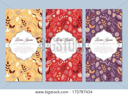 Cute vintage doodle floral cards set for invitation label banner wedding party baby shower hen-party mother's day valentine. Beautiful background with gentle flowers and leaves. Vector