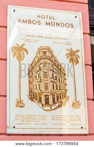 Havana, Cuba - April 2, 2012: Hotel Ambos Mundos Sign, Where  From 1932 Till 1935 Lived Ernest Hemin