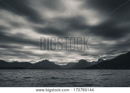 Black and white image of Lake McDonald on an overcast day.