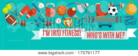 Set of sport balls and gaming items at a turquoise background. Healthy lifestyle tools, elements. Vector Illustration