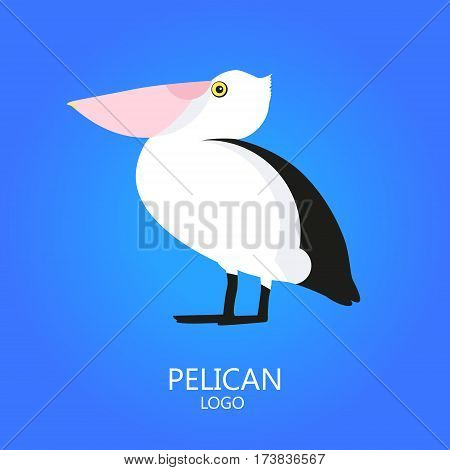 Pelican vector icon on blue background. Logo. Flat design.