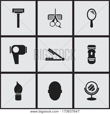 Set Of 9 Editable Tonsorial Artist Icons. Includes Symbols Such As Hairdresser Set, Shaving, Take The Hair Dryer And More. Can Be Used For Web, Mobile, UI And Infographic Design.