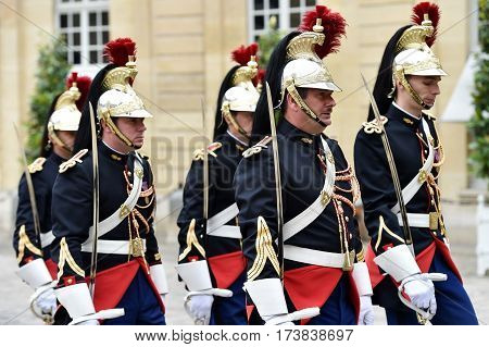 PARIS FRANCE - JUNE 10: Hotel Matignon Republican Guards of honor during a welcome ceremony on JUNE 10 2016 in Paris. Matignon is the official residence of the Prime Minister of France.